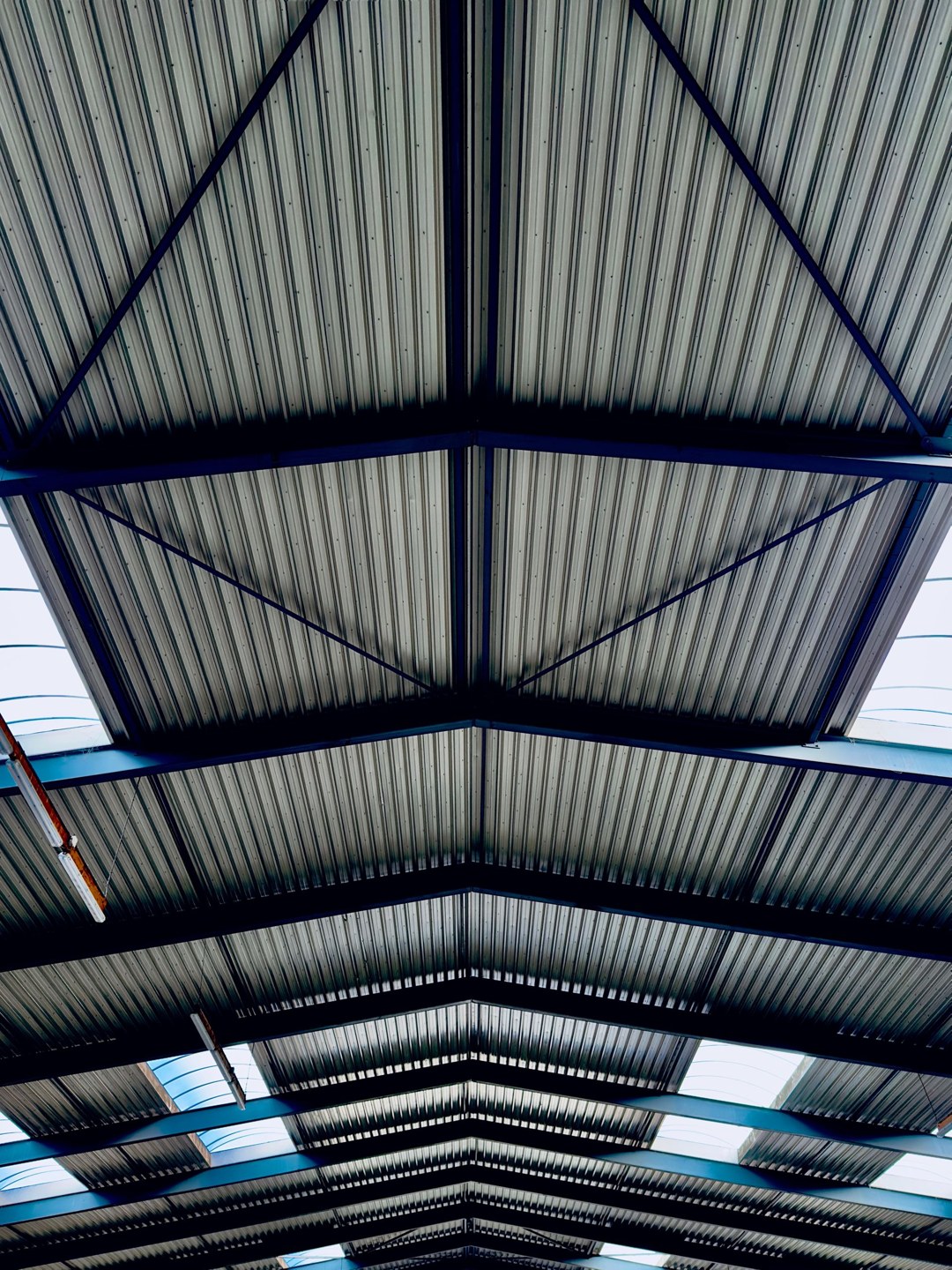 Industrial roof structure with steel beams requiring fire protection coating