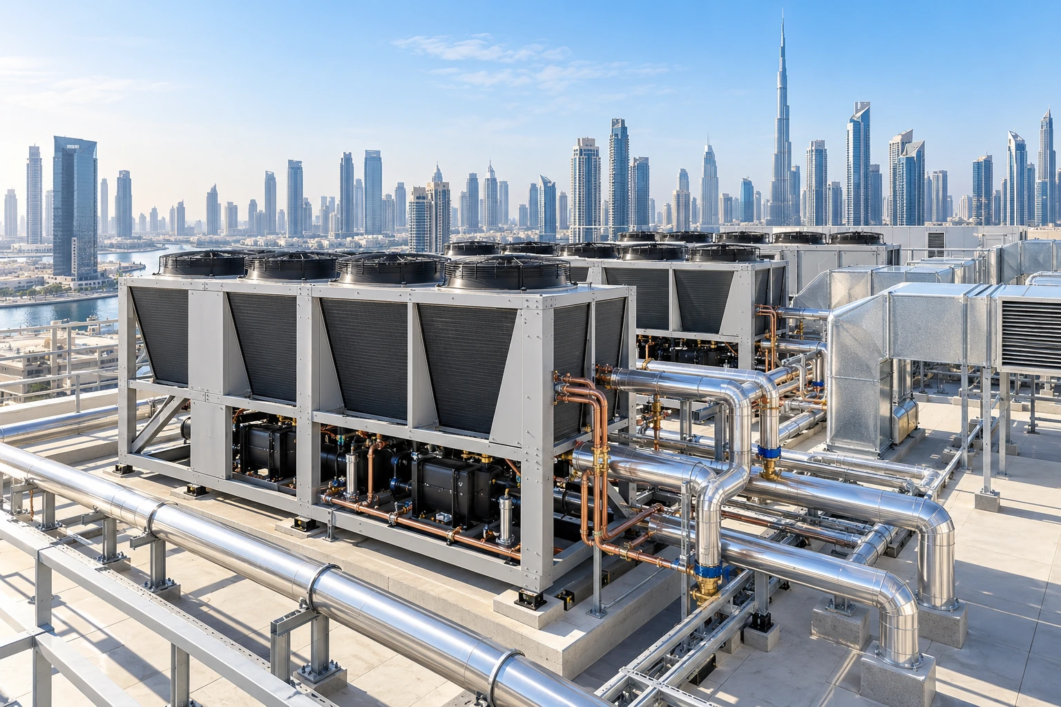 Modern rooftop cooling plant with clean condenser units and organized piping